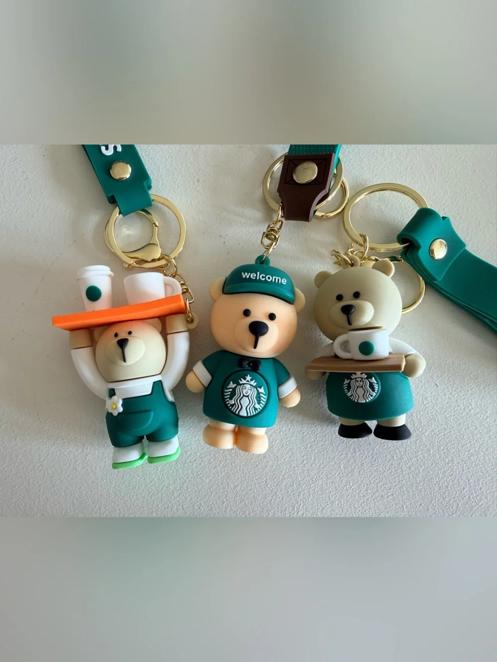 Starbucks Teal Bear Keychain Trio with Gold Hardware